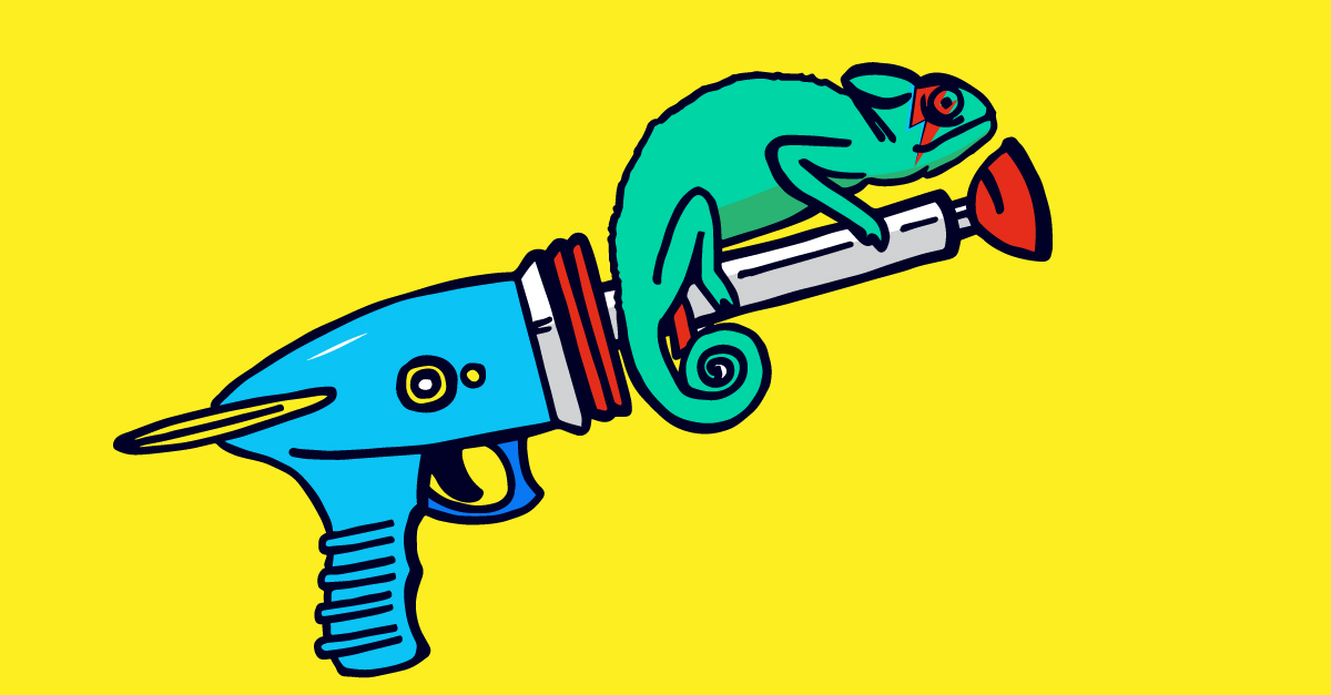 A Cameleon with lightening bolt face paint sit atop of a raygun