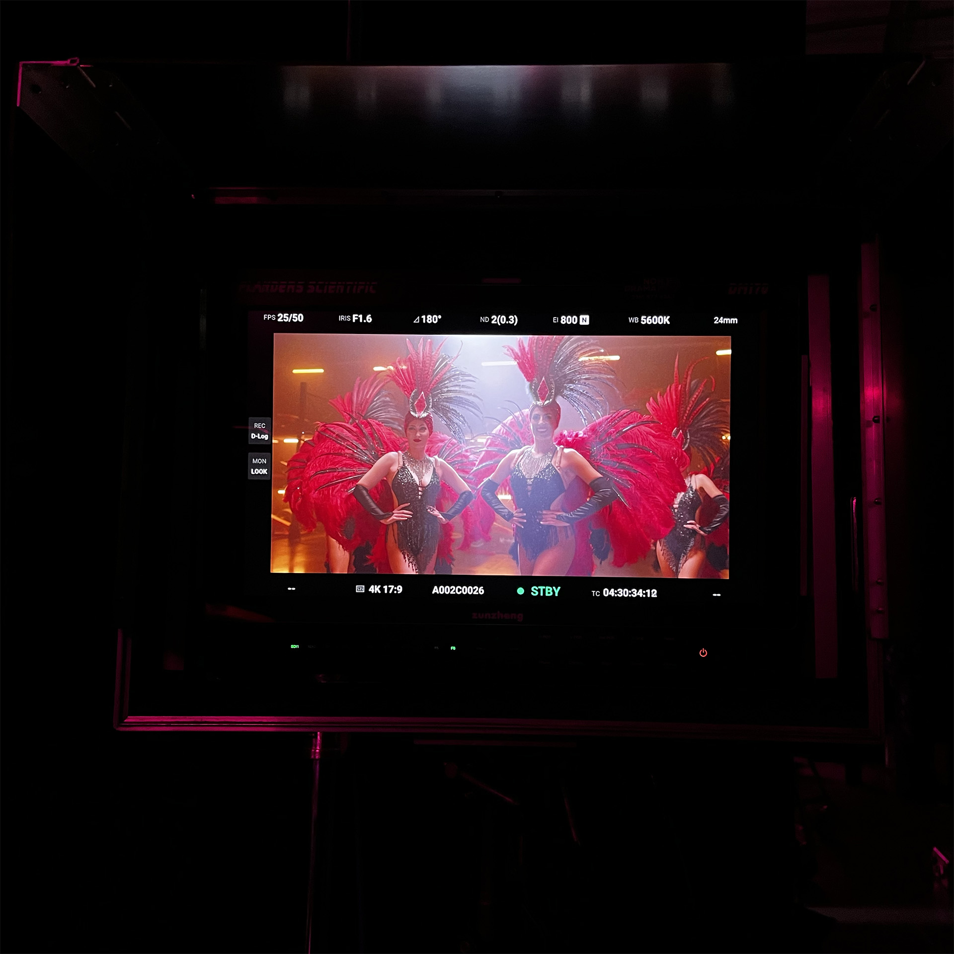 Show dancers on set viewed through preview monitor